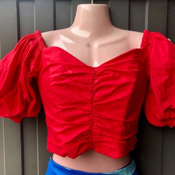 NWT Mango Red Puff Sleeve Ruched Crop Top – Size S – Organic Cotton - Picture 2 of 8